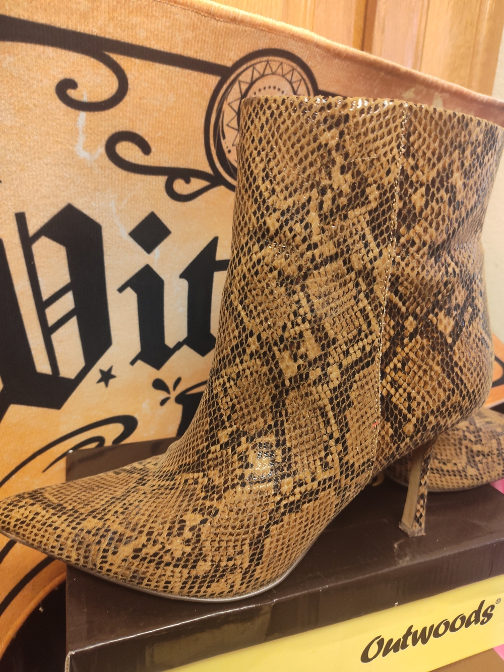 Tan Snake-Print Pointed Ankle Boots By The Drop, Size 12